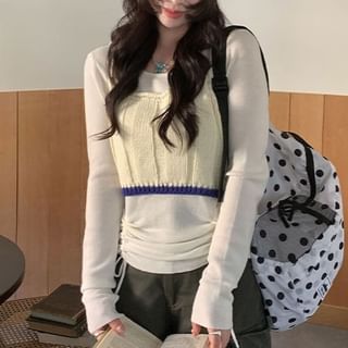 Trendycas-Set Long-Sleeve Crew Neck Plain Drawstring Knit Top Contrast Trim Crop Camisole Top