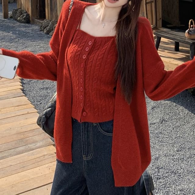 Trendycas-Set Plain Button Cable Knit Camisole Top Open Front Cardigan