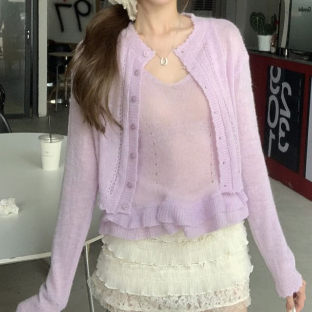 Trendycas-Set Round Neck Plain Pointelle Cardigan Ruffle Trim Knit Cami Top