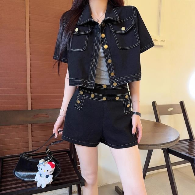 Trendycas-Short-Sleeve Collared Button-Up Denim Crop Jacket Shorts