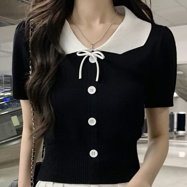 Trendycas-Short-Sleeve Collared Two Tone Button Up Knit Top