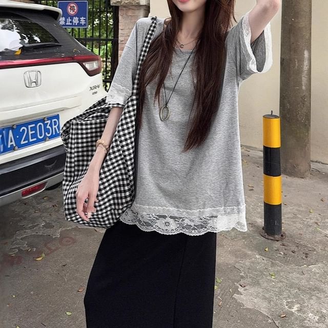 Trendycas-Short-Sleeve Crew Neck Lace Panel Tee