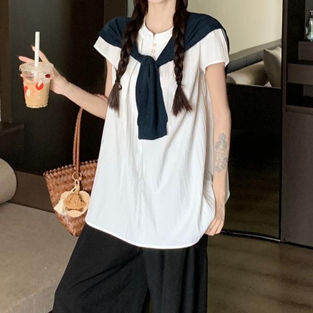 Trendycas-Short Sleeve Crew Neck Plain Blouse Plain Scarf