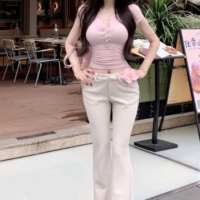 Trendycas-Short Sleeve Notch Neck Plain Button Tee Mid Rise Plain Flared Pants