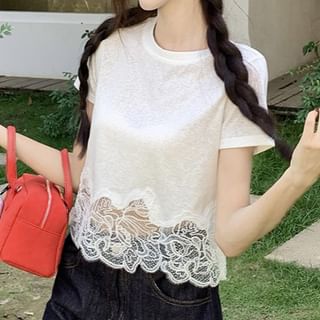 Trendycas-Short Sleeve Round Neck Plain Panel Lace Tee