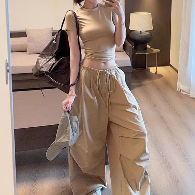 Trendycas-Short-Sleeve Round Neck Plain Slim Fit Crop Tee Drawstring Waist Baggy Cargo Pants