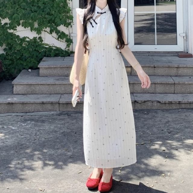 Trendycas-Sleeveless Collared Dotted Plain Maxi A-Line Dress