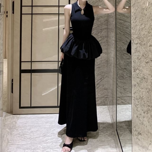 Trendycas - Sleeveless Collared Plain Peplum Keyhole Maxi A-Line Dress |  YesStyle