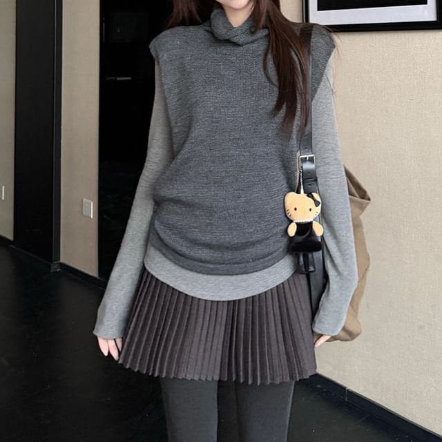 Trendycas-Sleeveless Round Neck Plain Sweater Vest Long-Sleeve Plain Tee High Rise Mini Pleated Skirt