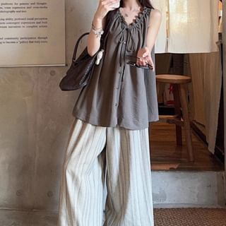 Trendycas-Sleeveless V-Neck Plain Frill Tie Front Button Top High Rise Striped Wide Leg Pants