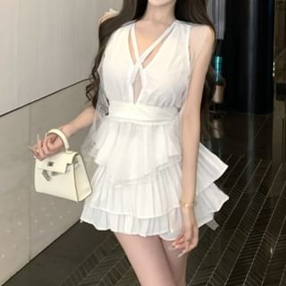 Trendycas-Sleeveless V-Neck Plain Peplum Panel Mesh Top
