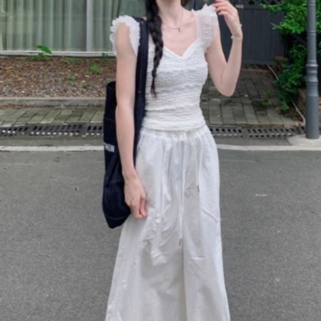 Trendycas-Sleeveless V-Neck Plain Ruffle Lace Top Drawstring Waist Wide Leg Pants