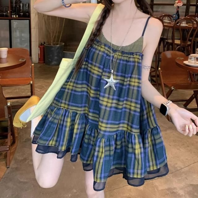 Trendycas-Spaghetti Strap Plaid Mini A-Line Dress