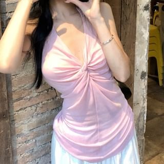 Trendycas-Spaghetti Strap V-Neck Plain Twist Cami Top