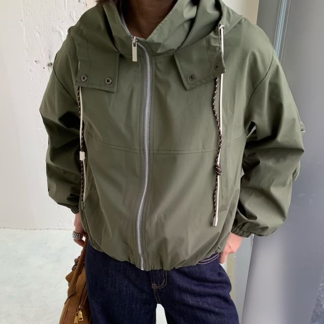 Trendycas-Stand Collar Hooded Zip-Up Plain Jacket