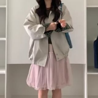 Trendycas-Stand Collar Plaid Lining Button Jacket