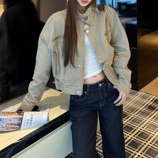 Trendycas-Stand Collar Plain Denim Zip Jacket