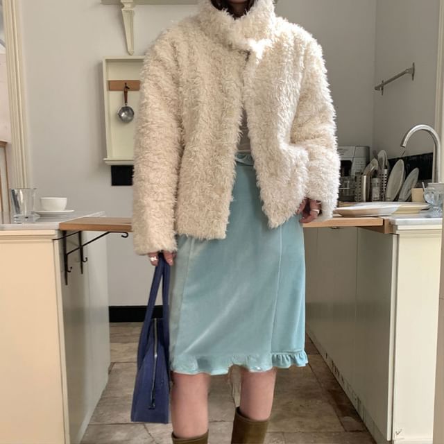 Trendycas-Stand Collar Plain Fluffy Single-Breasted Jacket