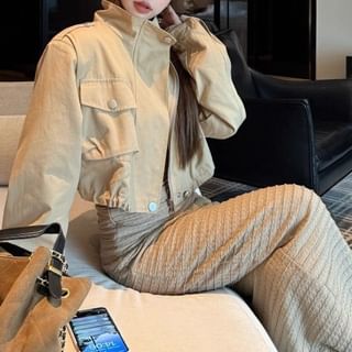 Trendycas-Stand Collar Plain Pocket Front Zip Jacket Spaghetti Strap Striped Maxi Sheath Dress