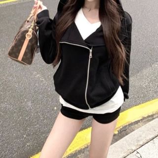 Trendycas-Stand Collar Plain Zip Hoodie