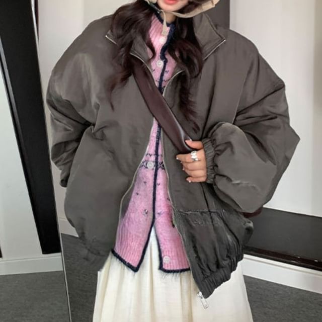 Trendycas-Stand Collar Plain Zip Jacket
