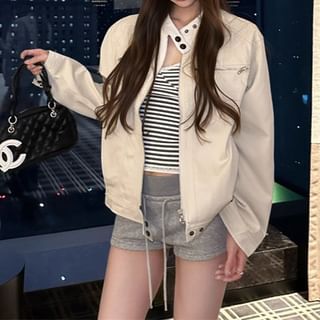 Trendycas-Stand Collar Plain Zip Jacket