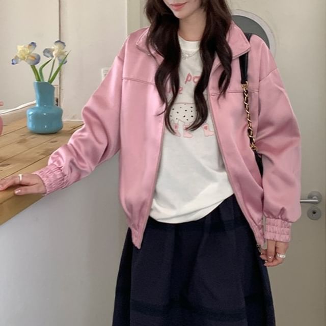 Trendycas-Stand Collar Plain Zip Jacket