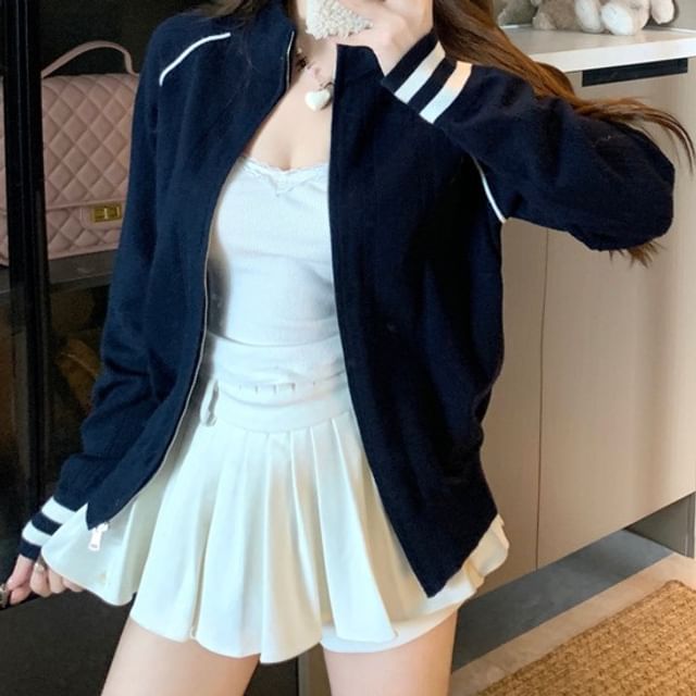 Trendycas-Stand Collar Two Tone Raglan Zip Cardigan