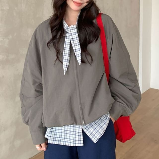 Trendycas-Stand Collar Zip-Up Plain Jacket