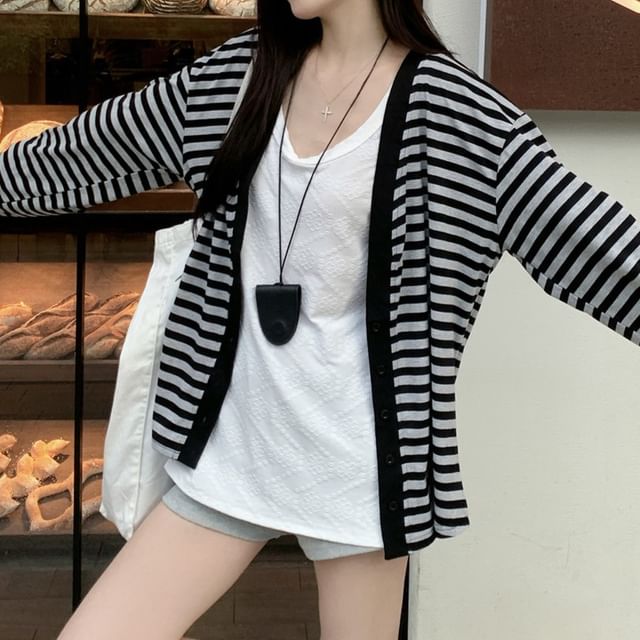 Trendycas-Striped Button-Up Cardigan Plain Tank Top