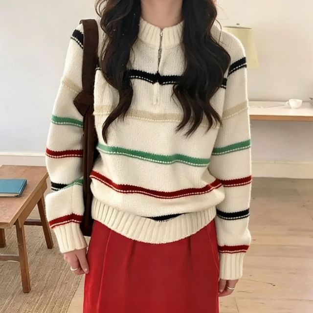 Trendycas-Striped Half Zip Sweater