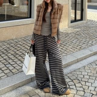 Trendycas-Striped Zip Fluffy Vest Long-Sleeve Plain T-Shirt Drawstring Waist Striped Wide Leg Pants