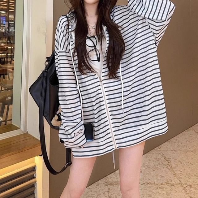 Trendycas-Striped Zip Hoodie