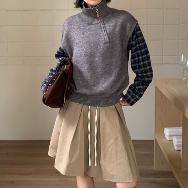 Trendycas-Turtleneck Plaid Mock Two Piece Half Zip Sweater