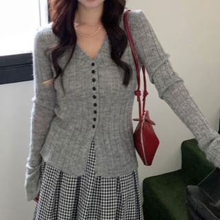 Trendycas-V-Neck Button-Up Plain Slit Cardigan