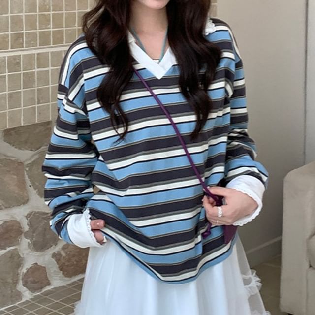 Trendycas-V-Neck Collared Striped Sweatshirt