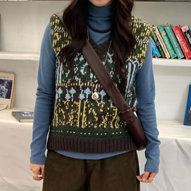 Trendycas-V-Neck Jacquard Sweater Vest