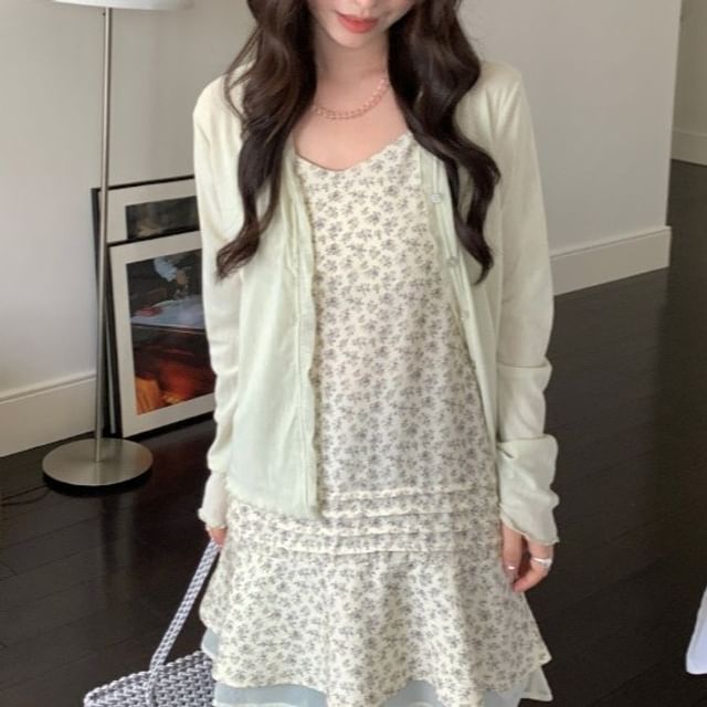 Trendycas-V-Neck Lettuce Edge Button-Up Plain Sheer Cardigan