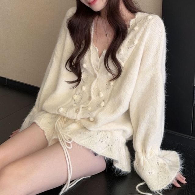 Trendycas-V-Neck Plain Pom Pom Drawstring Crochet Cardigan