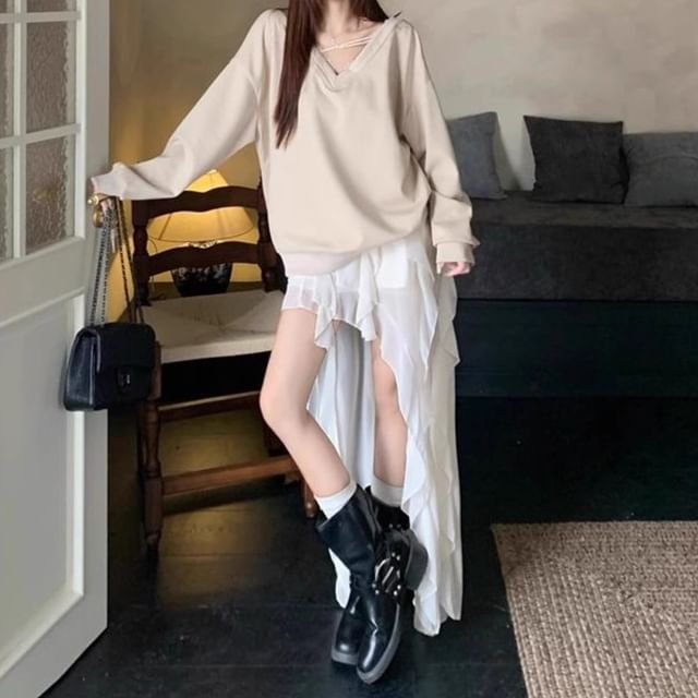 Trendycas-V-Neck Plain Pullover Asymmetrical A-Line Skirt