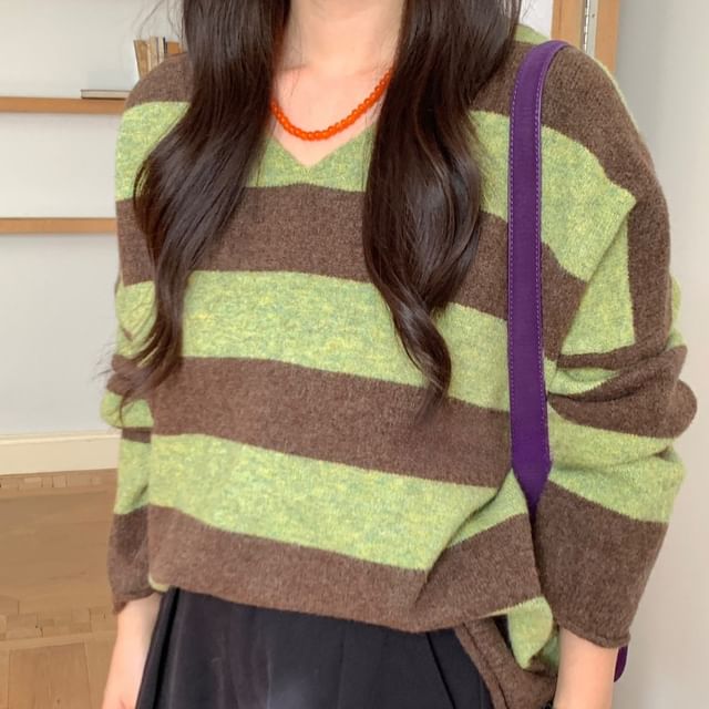 Trendycas-V-Neck Striped Sweater