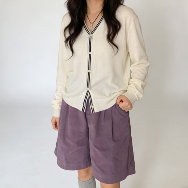Trendycas-V-Neck Striped Trim Cardigan