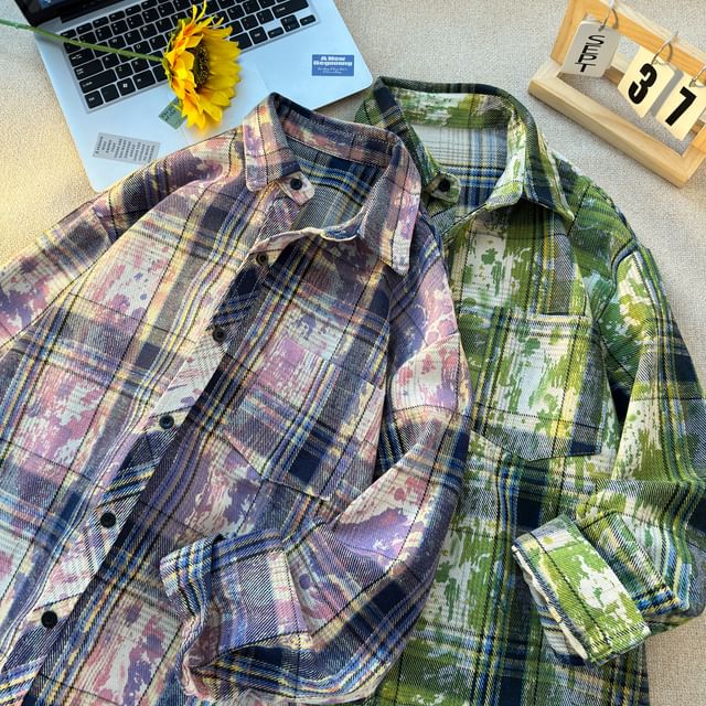 Trimecca-Button-Up Plaid Shirt Jacket
