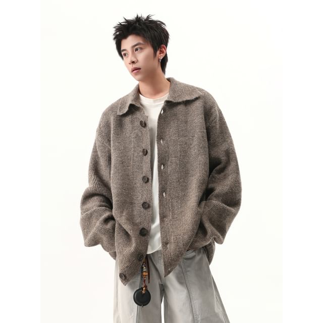 Trimecca-Collared Button-Up Plain Cardigan