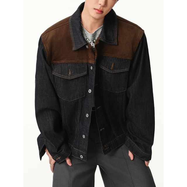 Trimecca-Collared Faux Suede Panel Denim Button Up Jacket