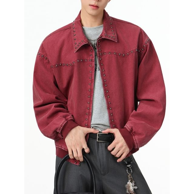 Trimecca-Collared Plain Studded Zip Barn Jacket