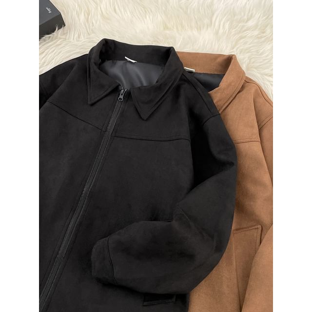Trimecca-Collared Zip-Up Plain Faux Suede Jacket