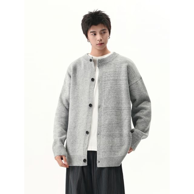 Trimecca-Crew Neck Button-Up Plain Cardigan
