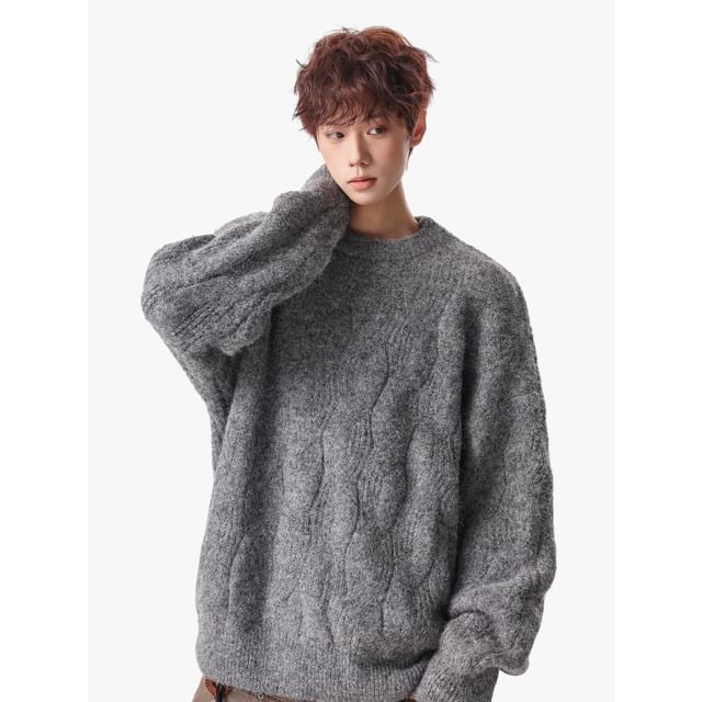 Trimecca-Crew Neck Plain Cable Knit Sweater