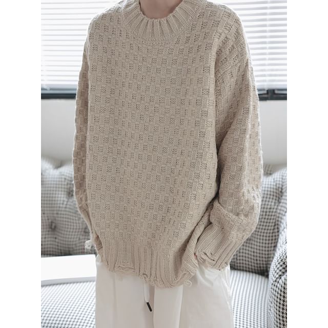 Trimecca-Crew Neck Plain Distressed Sweater